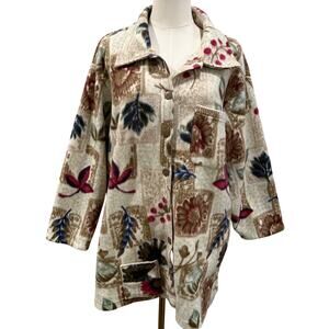 Vintage Floral Fleece Button Up Shacket 2X Plus Boho Oversized Cozy